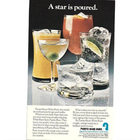 Puerto Rican White Rums 1970s Vintage Print Ad 9 inch Tall - Picture 1 of 4